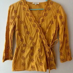 Madewell Scalloped Eyelet Mustard Yell Wrap Blouse